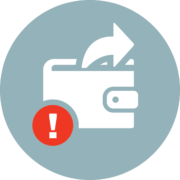 illustration of a wallet with an arrow pointing out the top in white and an exclamation mark in red